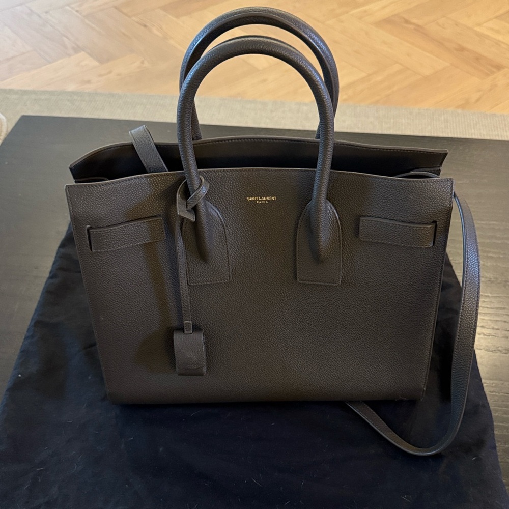 Saint Laurent Brown Pebbled Leather Tote with Shoulder Strap